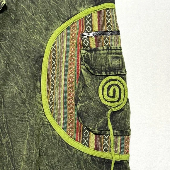 Kathmandu Olive Stonewashed Trousers Cargo Pants w/Tribal Patterns Harem Hippie - Picture 4 of 16